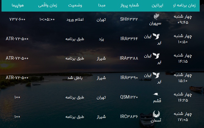 پرواز&zwnj;های فرودگاه بندرعباس چهار شنبه ۲۱ آذر ۹۷