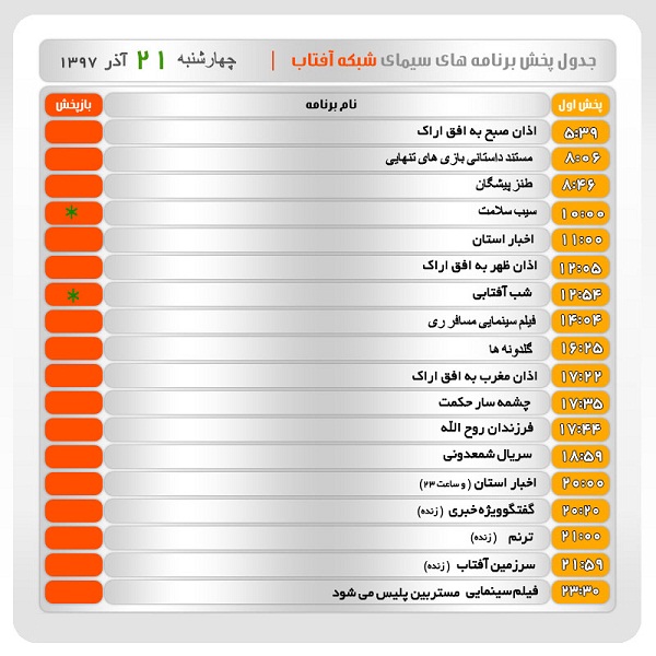 برنامه&zwnj;های سیمای شبکه آفتاب در بیست و یکم آذرماه ۹۷
