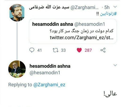 جدال توییتری ضرغامی و آشنا به زنونابین ختم شد+تصویر