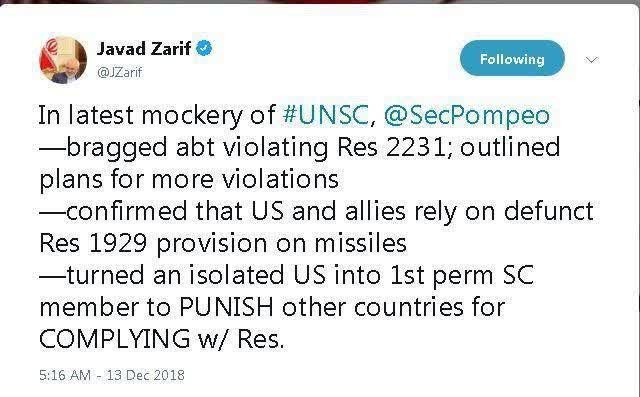 ظریف: پامپئو برنامه&zwnj;های آمریکا برای نقض بیشتر قطعنامه شورای امنیت را مشخص کرد