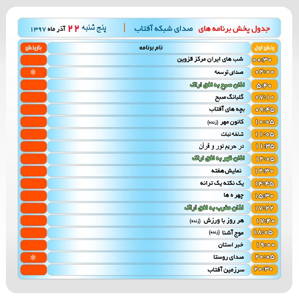 برنامه&zwnj;های صدای شبکه آفتاب در بیست و دوم آذرماه ۹۷