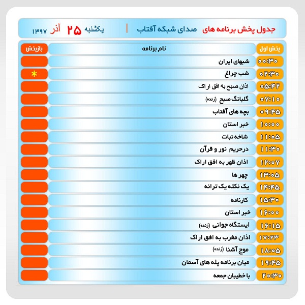 برنامه&zwnj;های صدای شبکه آفتاب در بیست و پنجم آذرماه ۹۷