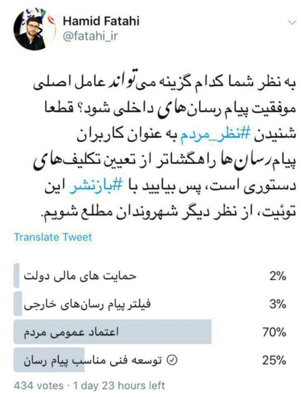 انتقاد آل داوود از نظرسنجی توییتری معاون وزیر ارتباطات