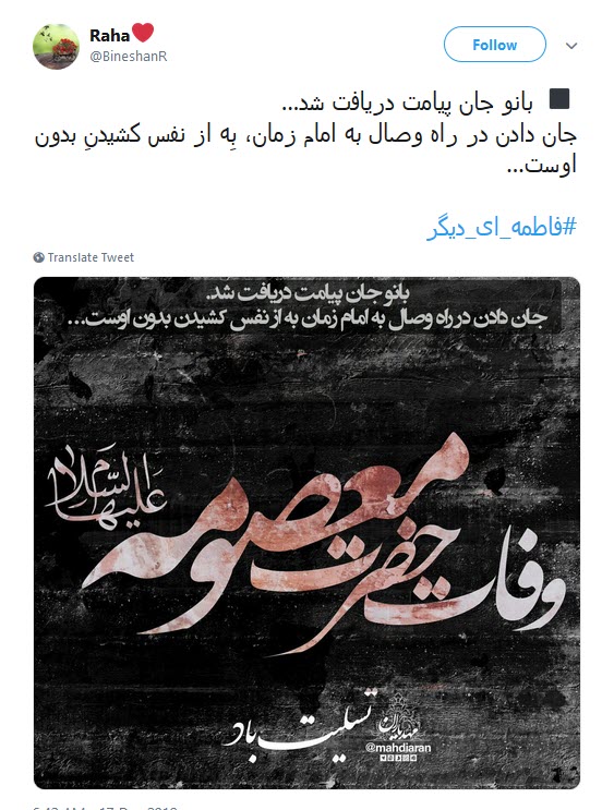 کاربران فضای مجازی همزمان با رحلت حضرت معصومه (س) از #فاطمه_ای_دیگر نوشتند.