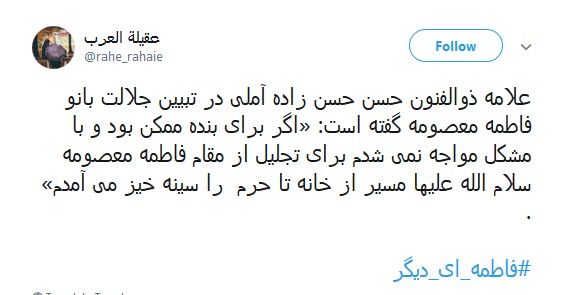 کاربران فضای مجازی همزمان با رحلت حضرت معصومه (س) از #فاطمه_ای_دیگر نوشتند.