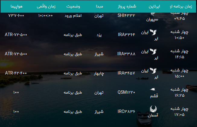 پرواز&zwnj;های فرودگاه بندرعباس چهار شنبه ۲۸ آذر ۹۷