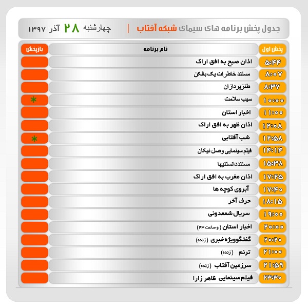 برنامه&zwnj;های سیمای شبکه آفتاب در بیست و هشتم آذرماه ۹۷