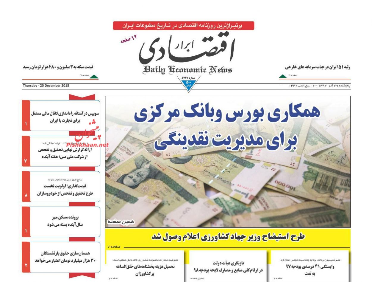 صفحه نخست روزنامه&zwnj;های اقتصادی ۲۹ آذر ماه