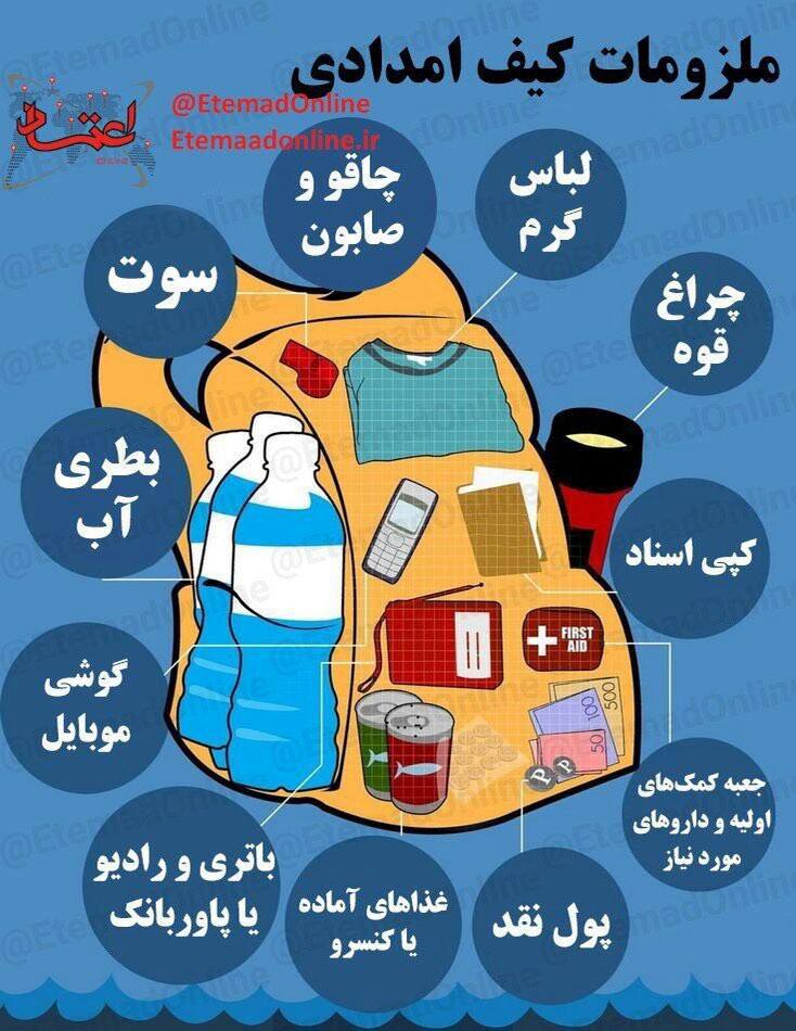 ملزومات مورد نیاز کیف امدادی در هنگام وقوع زلزله+ اینفوگرافیک