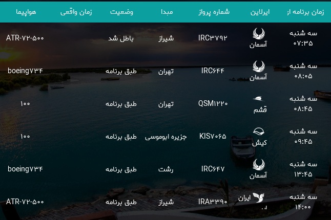 پرواز&zwnj;های فرودگاه بندرعباس دوشنبه ۵ آذر ۹۷