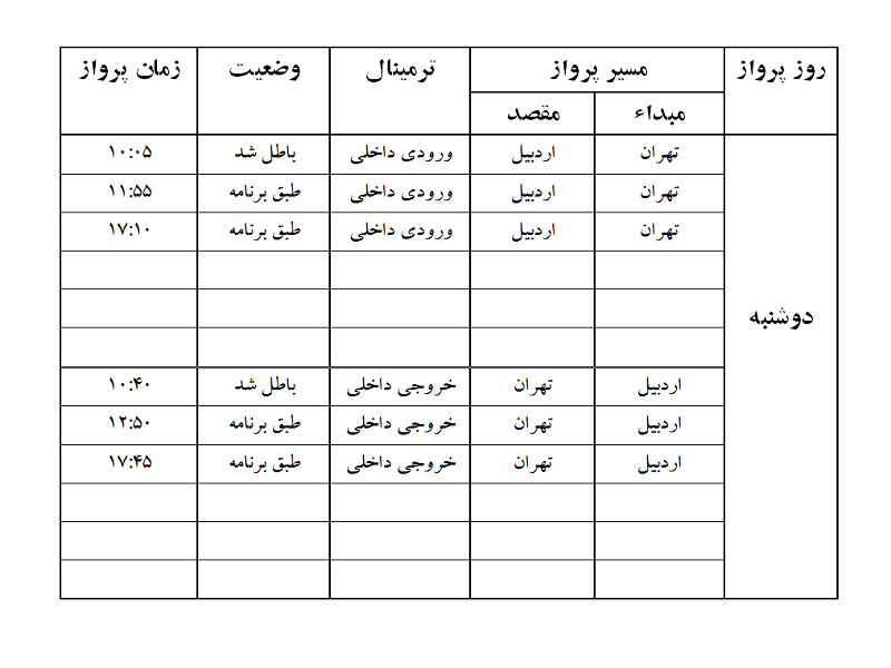 پروازهای فرودگاه اردبیل دوشنبه 5 آذر ماه