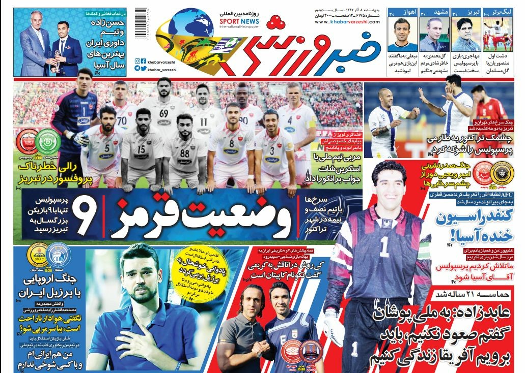 روزنامه&zwnj;های ورزشی هشتم آذر