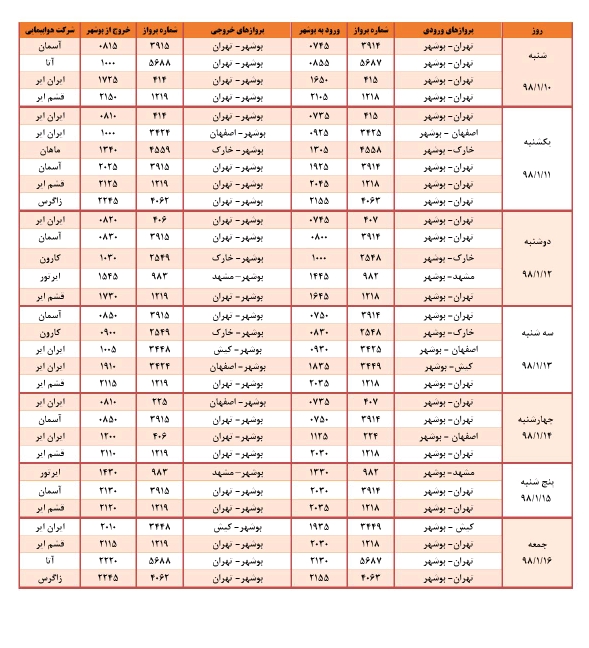 جدول پروازهای فرودگاه بوشهر