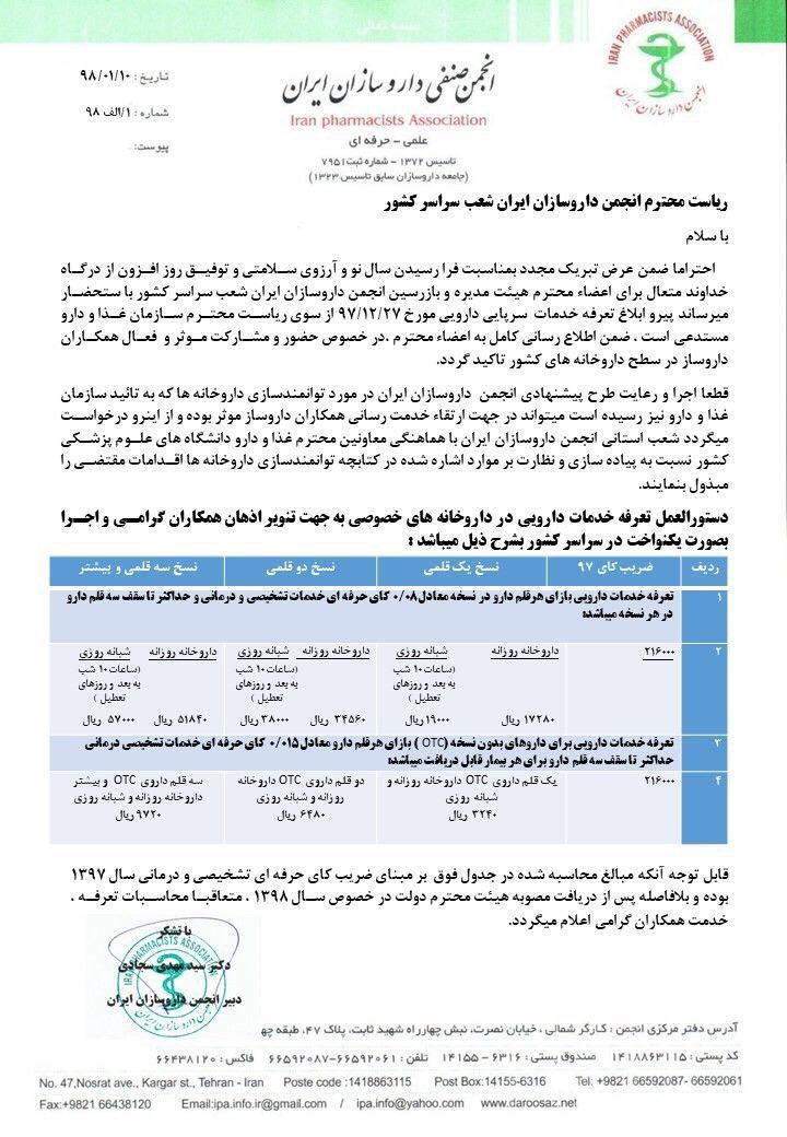 دستورالعمل تعرفه خدمات دارویی در داروخانه هاى خصوصی