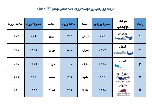 جدول پروازهای فرودگاه بوشهر