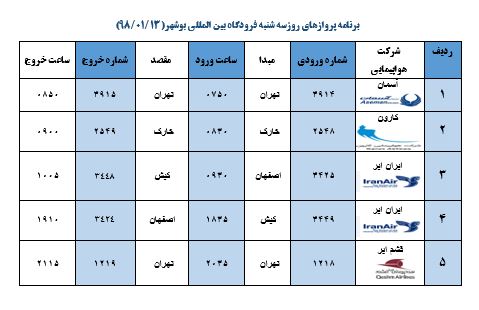 برنامه پرواز&zwnj;های فرودگاه بوشهر