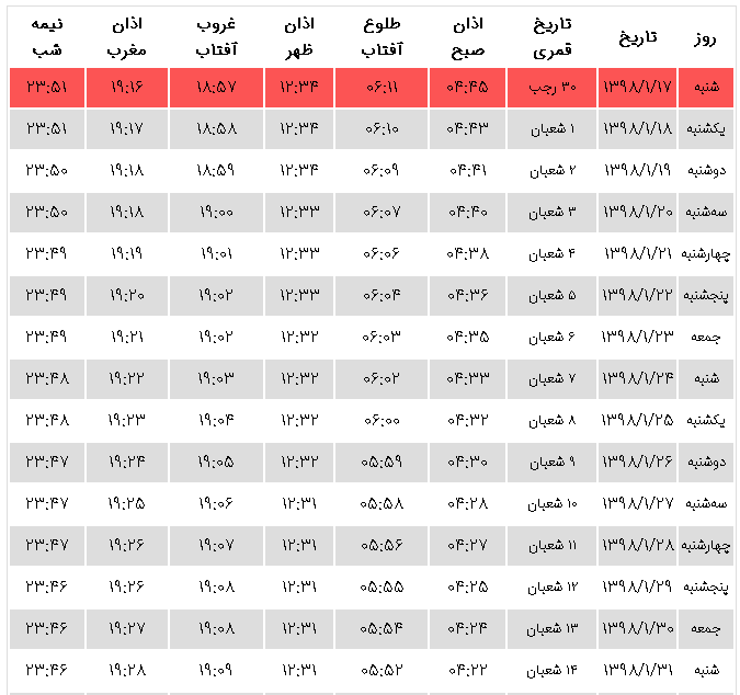 اوقات شرعی مشهد فروردین ماه سال ۹۸