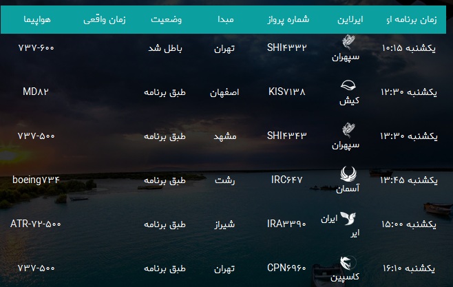 پرواز&zwnj;های فرودگاه بندرعباس یکشنبه ۱۸ فروردین سال ۹۸