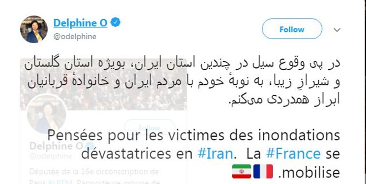 همدردی نماینده فرانسوی با سیل&zwnj;زدگان ایران به زبان فارسی