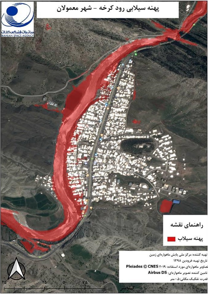 تصویر سازمان فضایی از پهنه سیلابی رود کرخه اطراف شهر معمولان