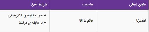 استخدام تعمیرکار (جهت کالاهای الکترونیکی) در تهران