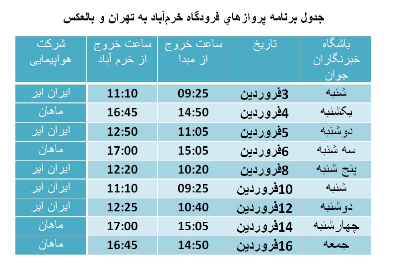 برنامه پرواز‌های فرودگاه خرم‌آباد از ۳ تا ۱۶ فروردین ماه