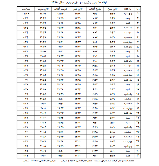 اوقات شرعی فروردین ۹۸ به افق رشت
