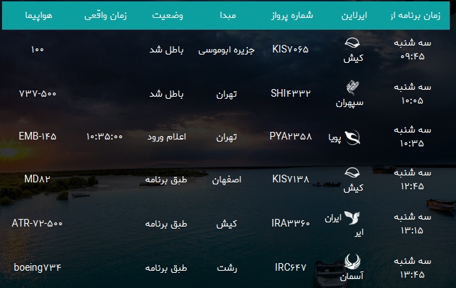 پرواز&zwnj;های فرودگاه بندرعباس سه شنبه ۲۰ فروردین سال ۹۸