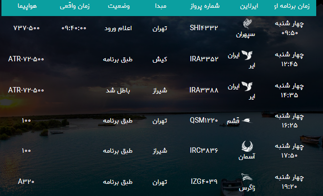 پرواز&zwnj;های فرودگاه بندرعباس چهارشنبه ۲۱ فروردین سال ۹۸