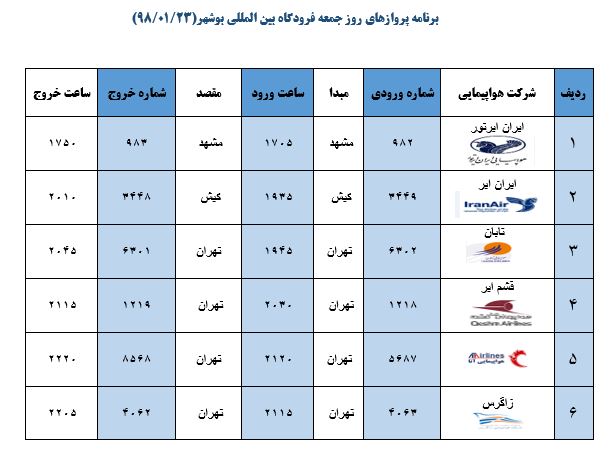 برنامه پروازهای فرودگاه بوشهر
