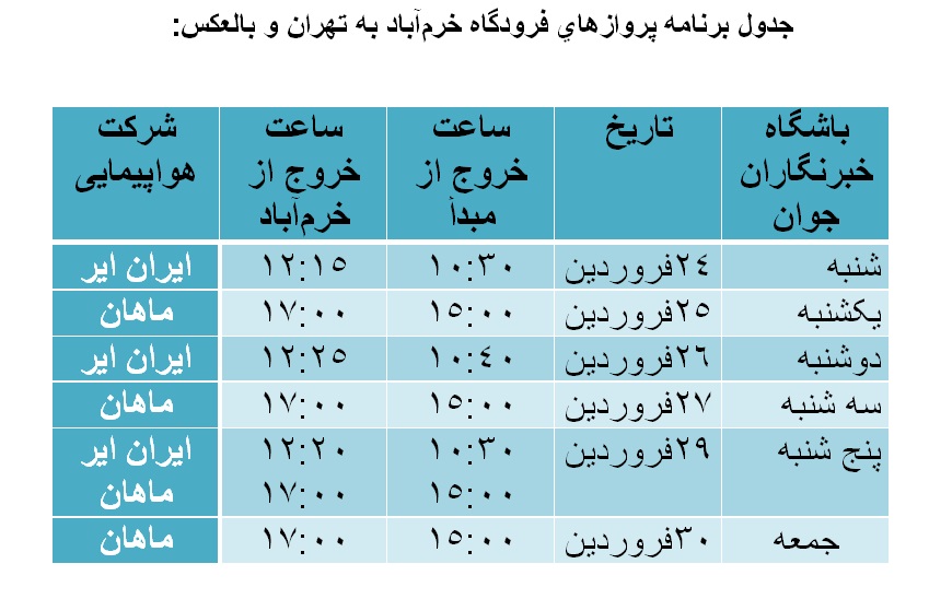 برنامه پرواز‌های فرودگاه خرم‌آباد از ۲۴ تا ۳۰ فروردین ماه