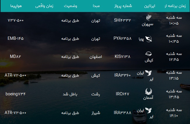 پرواز&zwnj;های فرودگاه بندرعباس دوشنبه ۲۶ فروردین سال ۹۸