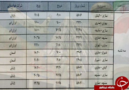 پرواز&zwnj;های سه شنبه ۲۷ فروردین ماه فرودگاه&zwnj;های مازندران