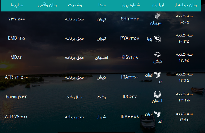 پرواز&zwnj;های فرودگاه بندرعباس سه شنبه ۲۷ فروردین سال ۹۸