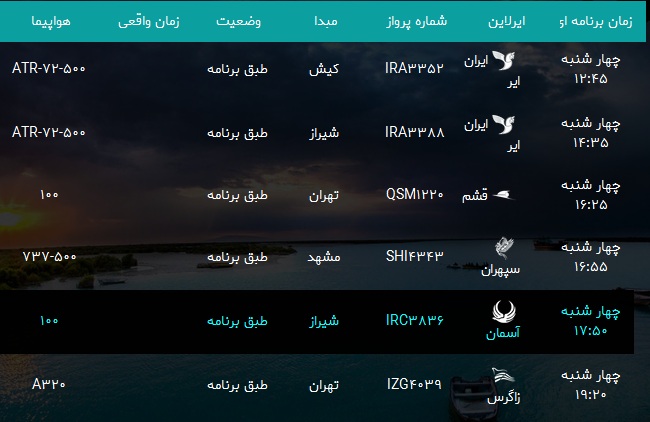 پرواز&zwnj;های فرودگاه بندرعباس چهار شنبه ۲۸ فروردین سال ۹۸