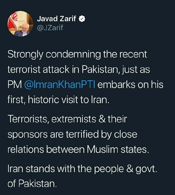ظریف حمله تروریستی اخیر در پاکستان را محکوم کرد