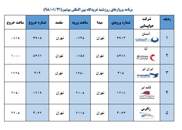 جدول پروازهای فرودگاه بوشهر