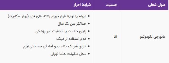 استخدام مانورچی لکوموتیو آقا (برق- مکانیک)-تهران
