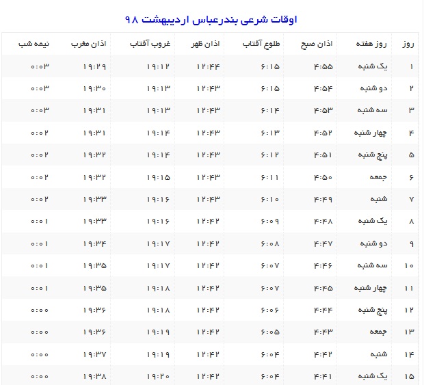 اوقات شرعی بندرعباس اردیبهشت ۹۸