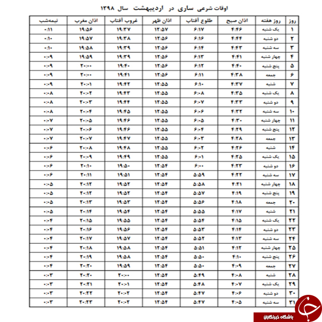 اوقات شرعی اردیبهشت ماه ۹۸ به افق ساری