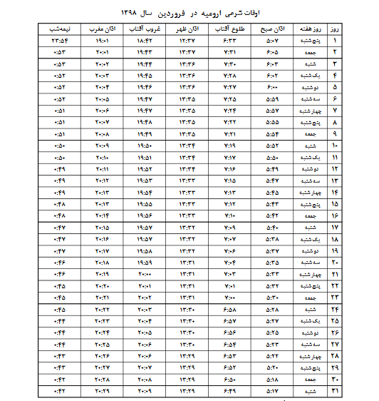 اوقات شرعی فروردین ماه ۱۳۹۸ به افق ارومیه