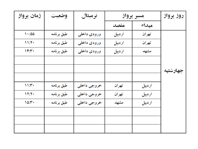 پرواز&zwnj;های فرودگاه اردبیل چهارشنبه ۷ فروردین ماه