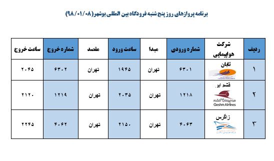 جدول پرواز&zwnj;های فرودگاه بوشهر