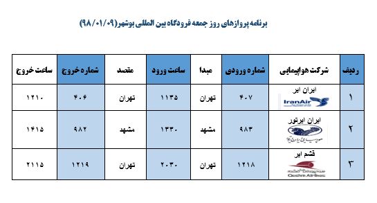 جدول پروازهای فرودگاه بوشهر