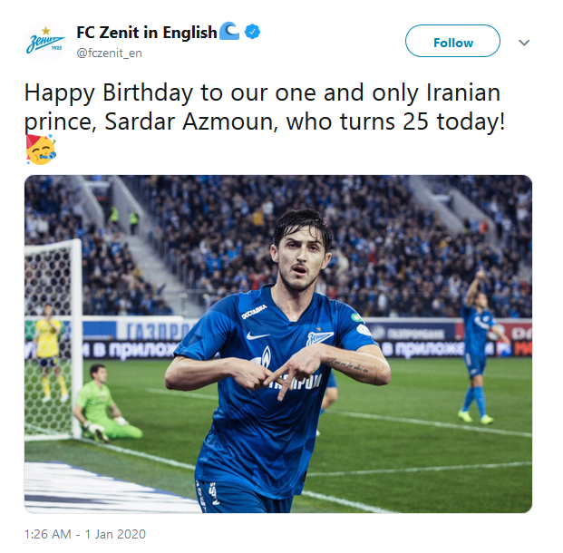تبریک توئیتری تولد سردار آزمون توسط باشگاه زنیت
