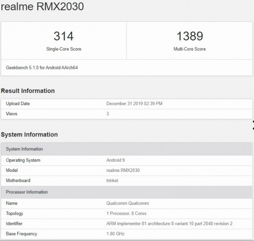 نتایج آزمایش گوشی Realme 5i مشخصات آن را فاش کرد
