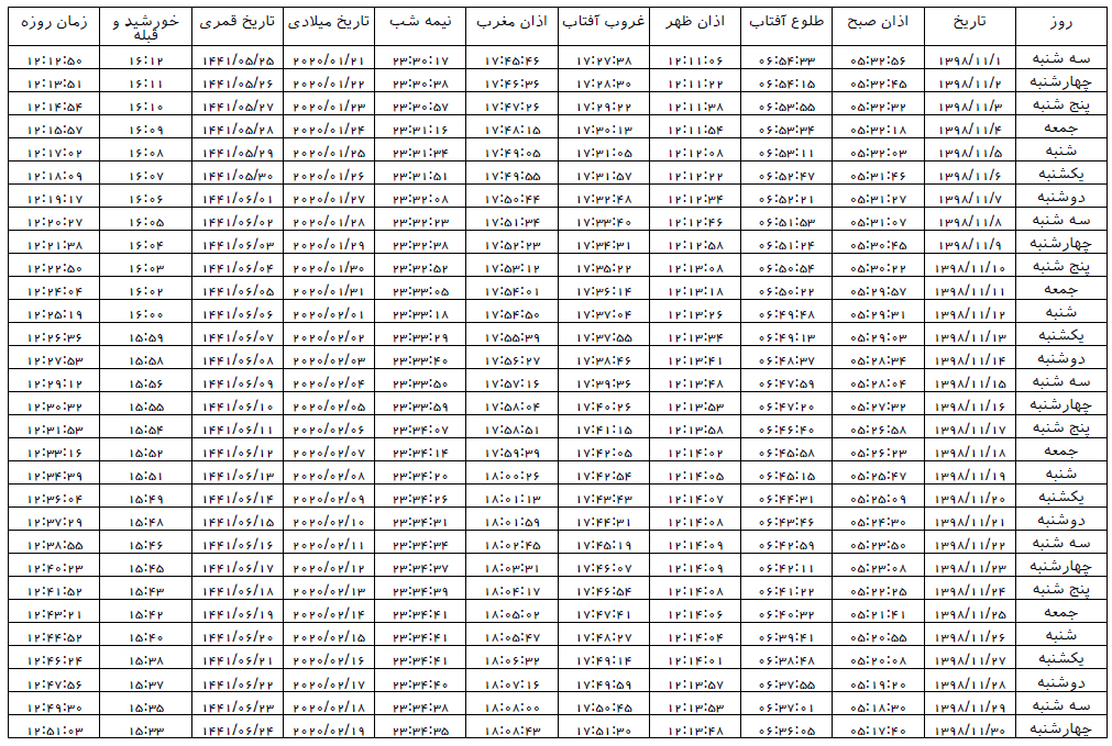 اوقات شرعی شیراز در بهمن ماه سال ۱۳۹۸