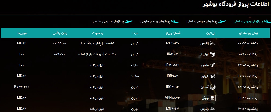 جدول پرواز&zwnj;های فرودگاه بوشهر در ۲۲ دی ۹۸