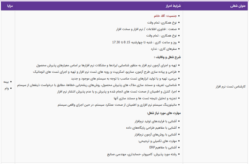 کارشناس تست نرم افزار در تهران
