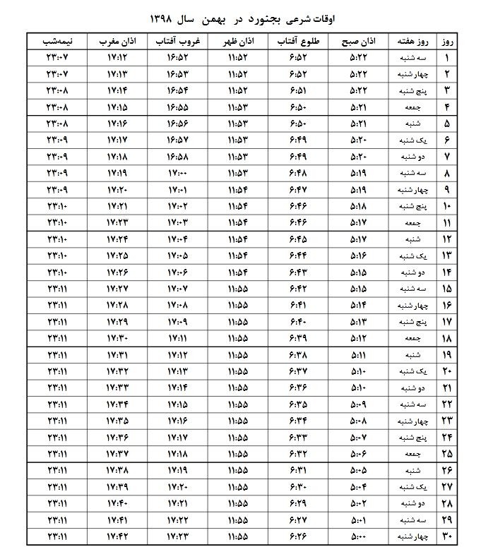 اوقات شرعی بجنورد بهمن ماه ۱۳۹۸ اوقات شرعی بجنورد بهمن ماه ۱۳۹۸